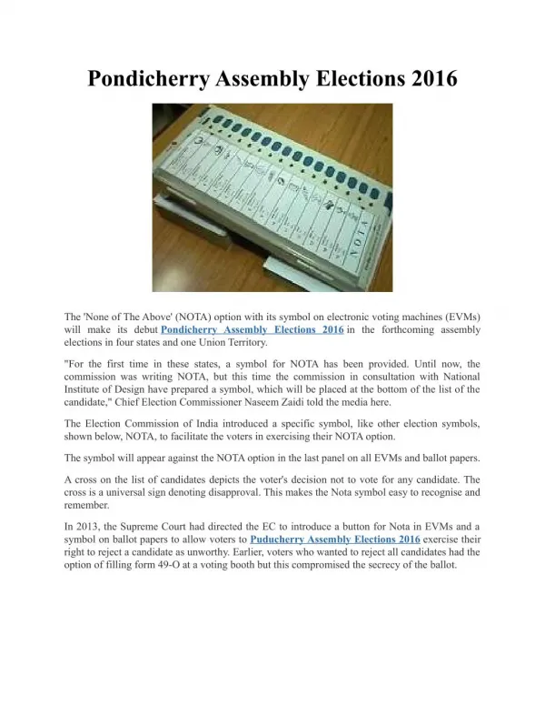 Pondicherry Assembly Elections 2016