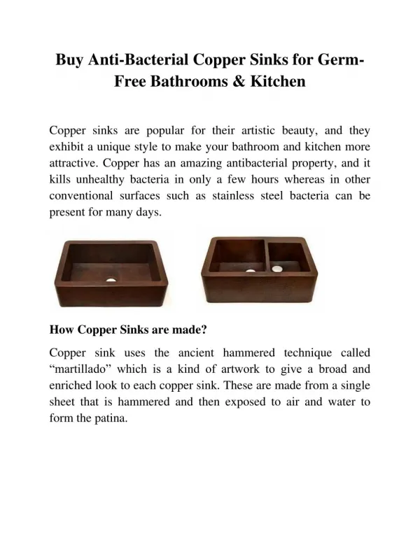 Buy Anti-Bacterial Copper Sinks for Germ-Free Bathrooms and Kitchen