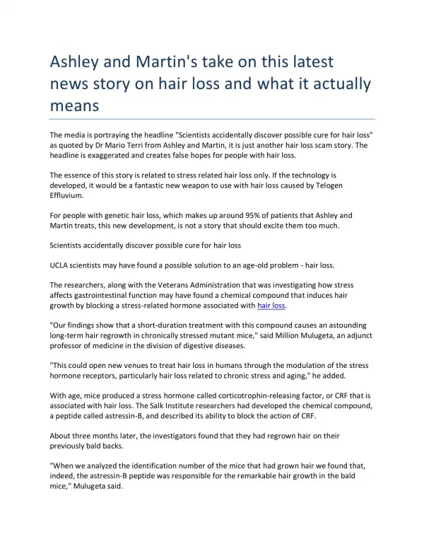 Ashley and Martin's take on this latest news story on hair loss and what it actually means