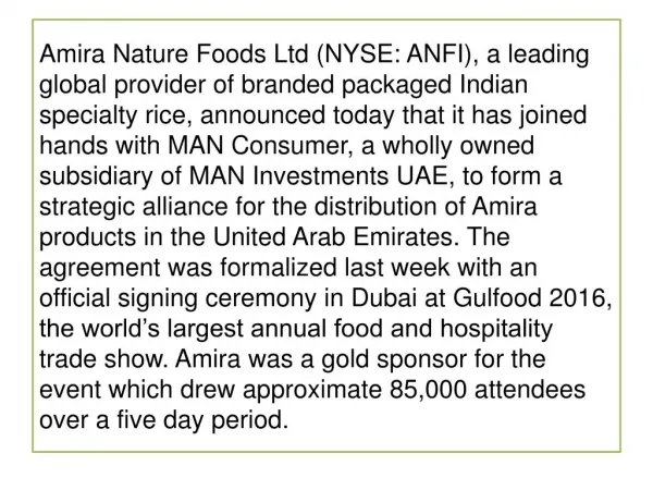 Amira Nature Foods Ltd Announces New Partnership for UAE Market
