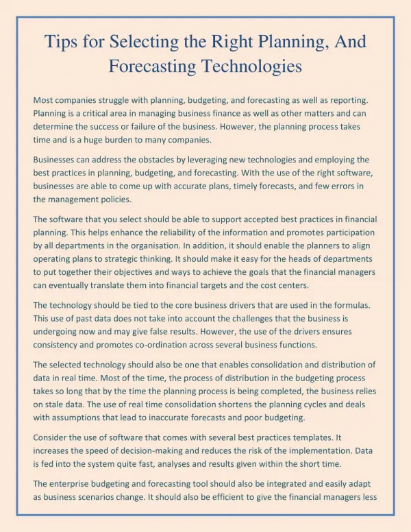 Tips for Selecting the Right Planning, And Forecasting Technologies