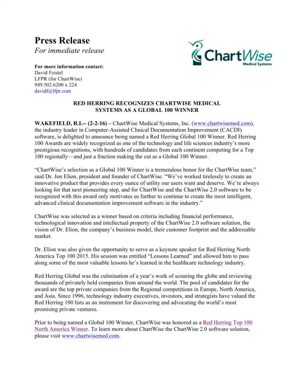 RED HERRING RECOGNIZES CHARTWISE MEDICAL SYSTEMS AS A GLOBAL 10,0,WINNER