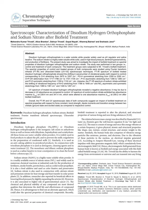 Spectroscopic Characterization of Disodium Hydrogen Orthophosphate and Sodium Nitrate after Biofield Treatment