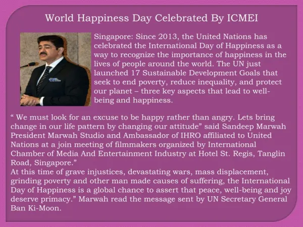 World happiness day celebrated by icmei