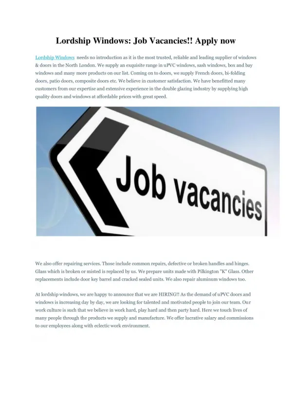 Lordship Windows: Job Vacancies!! Apply now