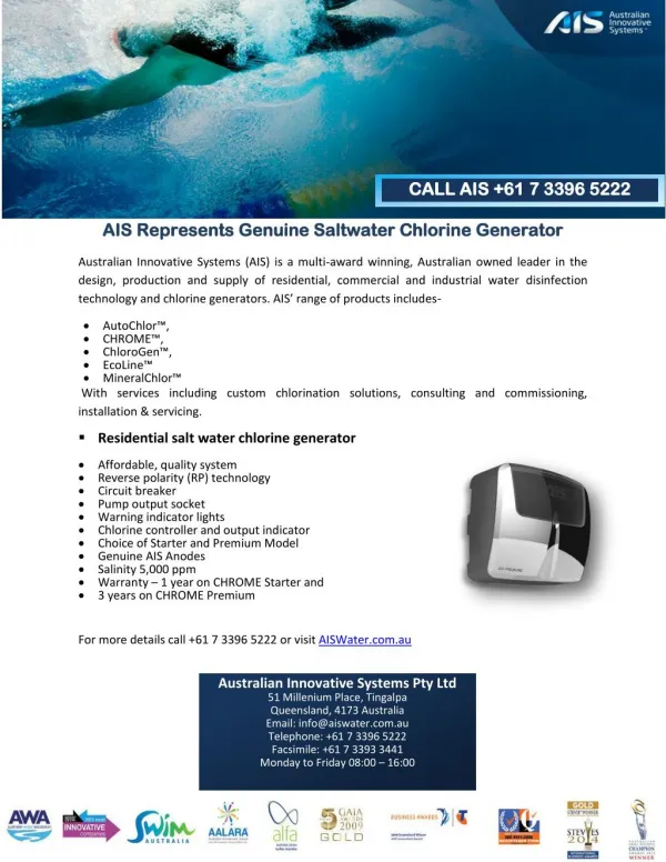 AIS Represents Genuine Saltwater Chlorine Generator