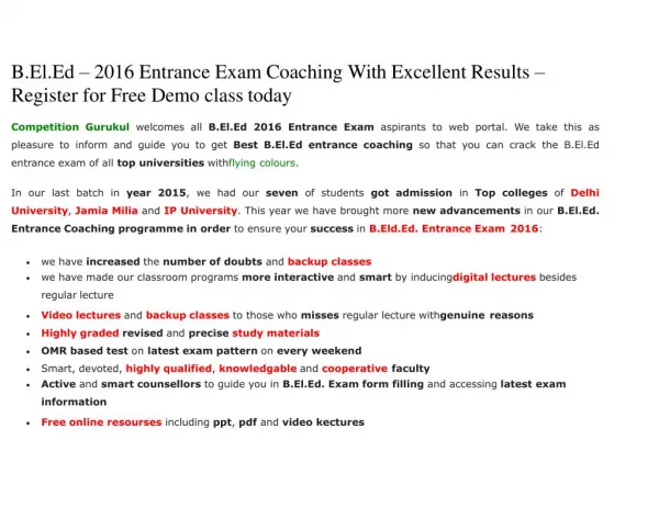 B.El.Ed – 2016 Entrance Exam Coaching With Excellent Results – Register for Free Demo class today