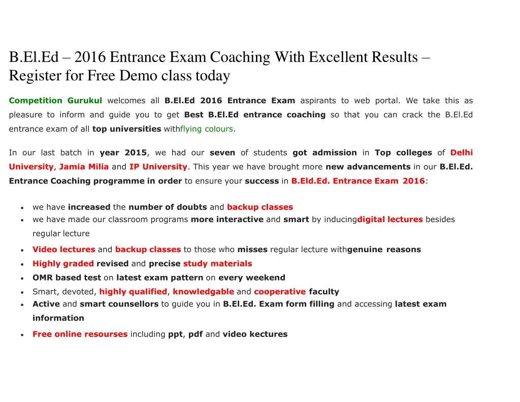b el ed 2016 entrance exam coaching with excellent results register for free demo class today