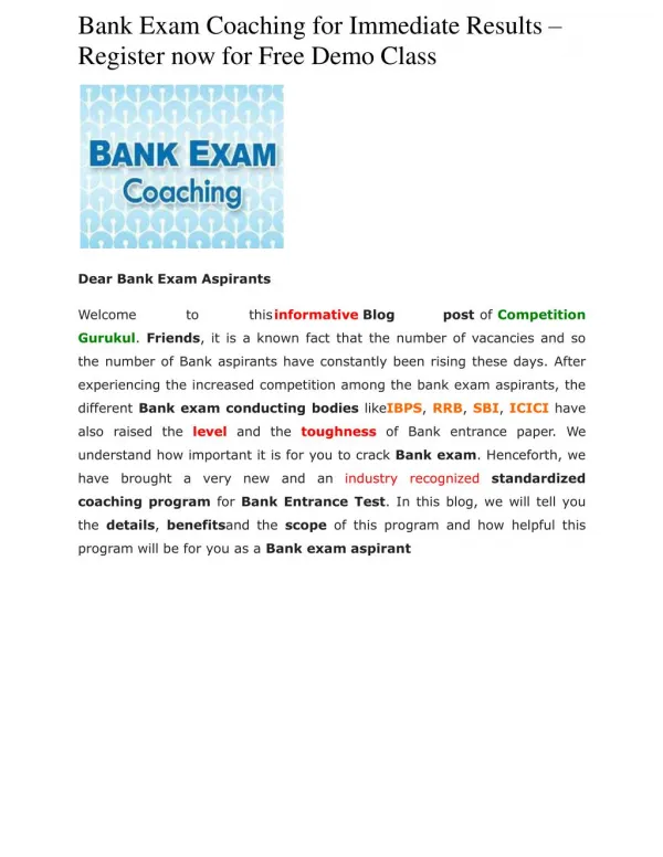 Bank Exam Coaching for Immediate Results – Register now for Free Demo Class