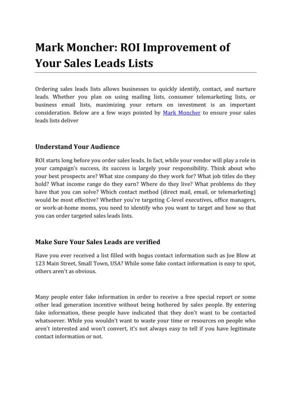 Mark Moncher: ROI Improvement of Your Sales Leads Lists