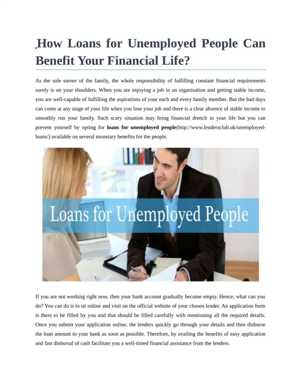 Loans for unemployed people in UK