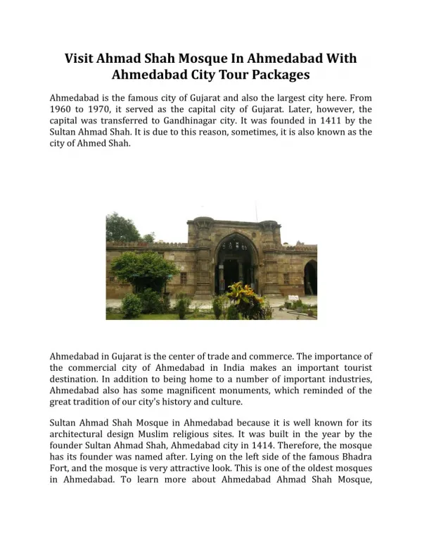 Visit Ahmad Shah Mosque In Ahmedabad With Ahmedabad City Tour Packages