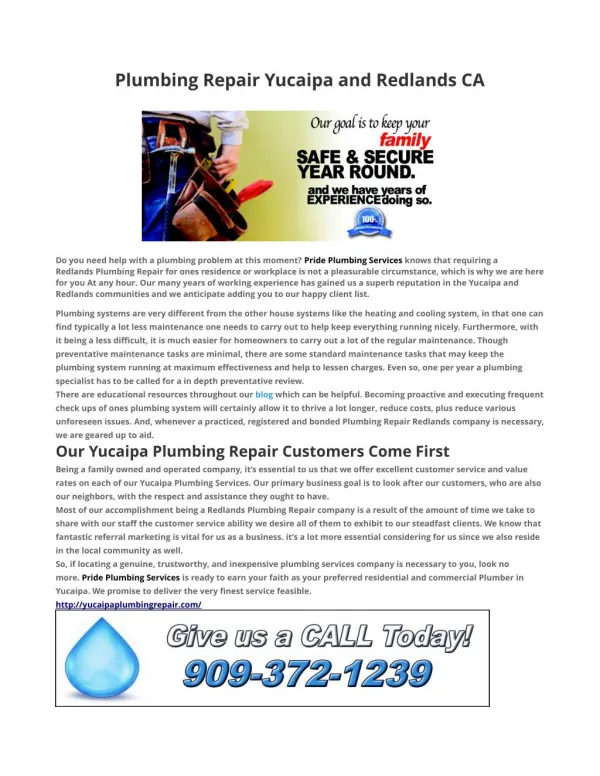 Plumbing Repair Yucaipa and Redlands CA