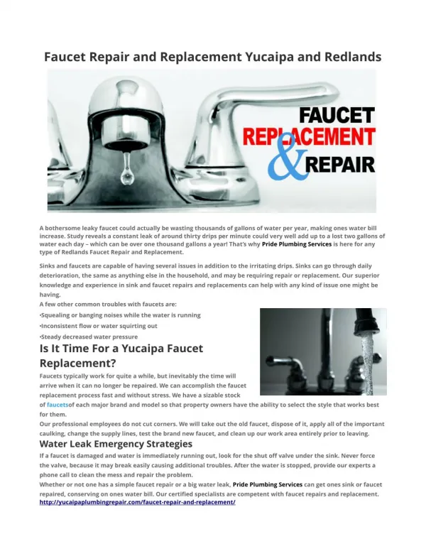 Faucet Repair and Replacement Yucaipa and Redlands