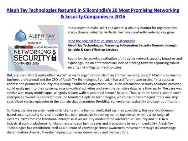 Aleph Tav Technologies featured in SiliconIndia’s 20 Most Promising Networking & Security Companies in 2016