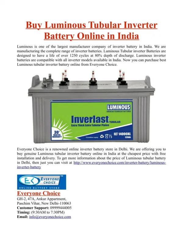 Buy Luminous Tubular Inverter Battery Online in India