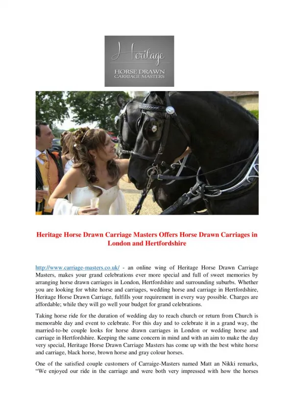 Heritage Horse Drawn Carriage Masters Offers Horse Drawn Carriages in London and Hertfordshire