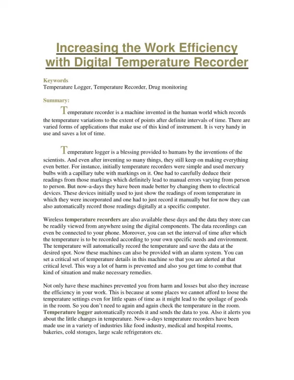 Increasing the Work Efficiency with Digital Temperature Recorder