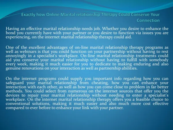 Exactly how Online Marital relationship Therapy Could Conserve