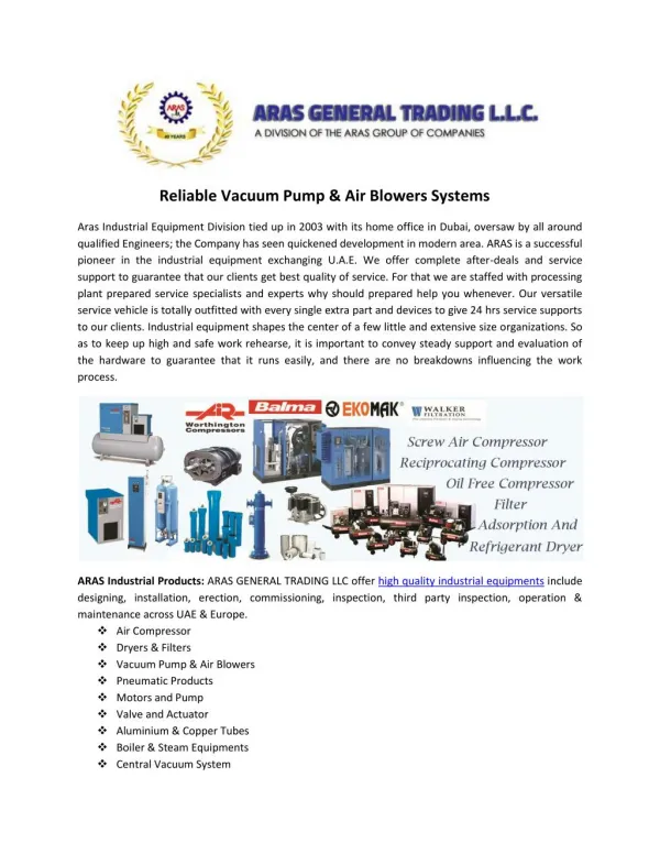 Reliable Vacuum Pump & Air Blowers Systems