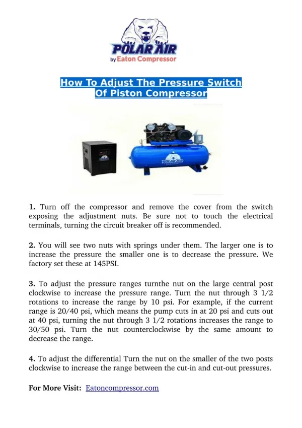 How to Adjust The Pressure Switch Of Piston Compressor