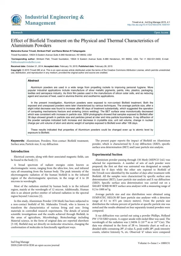 Effect of Biofield Treatment on the Physical and Thermal Characteristics of Aluminium Powders