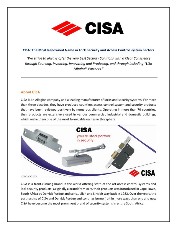 CISA - The Leading Brand in The Lock Security and Access Control System