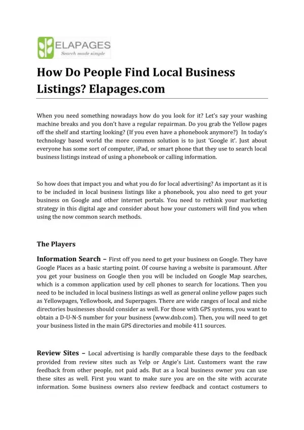 How Do People Find Local Business Listings, Elapages.com