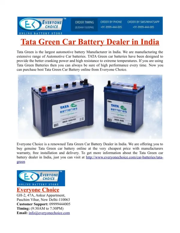 Tata Green Car Battery Dealer in India