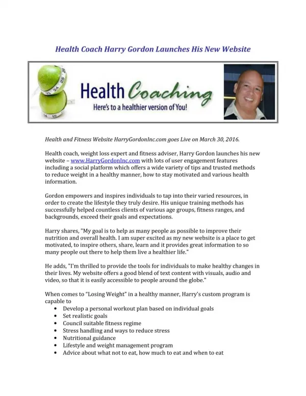 Health Coach Harry Gordon Launches His New Website