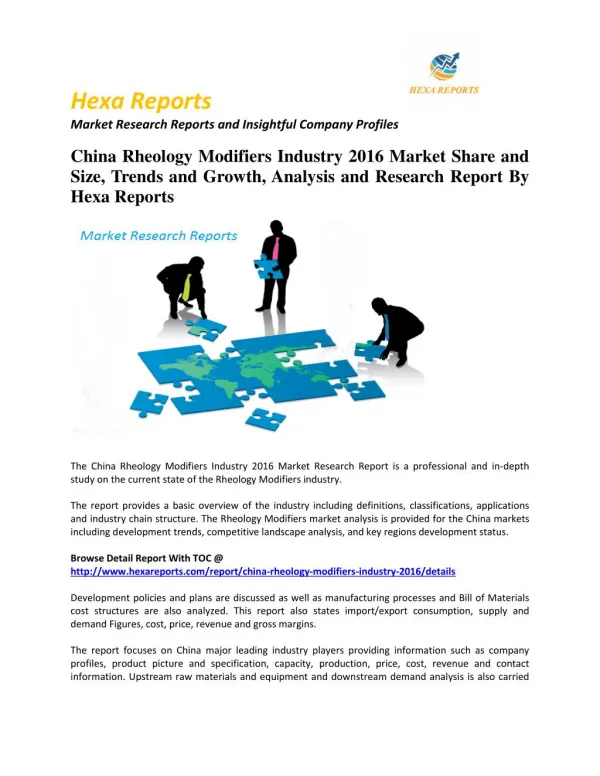 China Rheology Modifiers Market Size, Company Share, Capacity Forecasts 2016: Hexa Reports