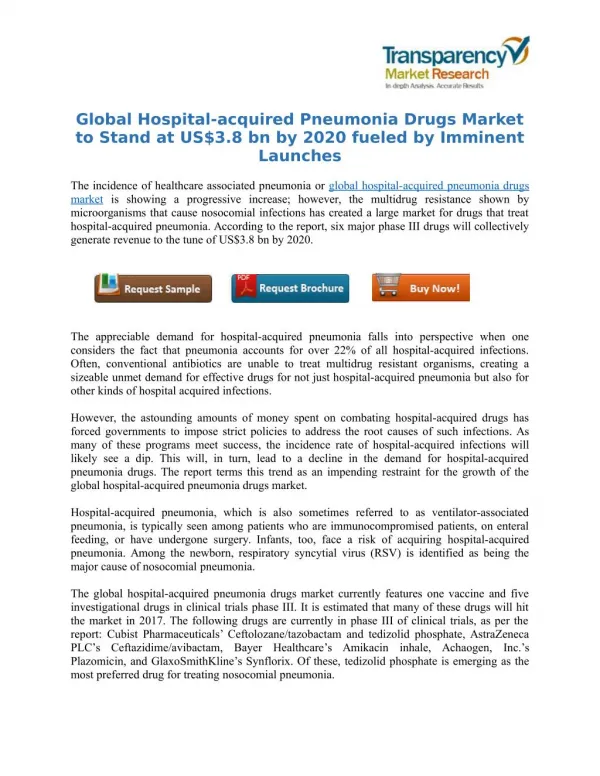Global Hospital-acquired Pneumonia Drugs Market to Stand at US$3.8 bn by 2020 fueled by Imminent Launches