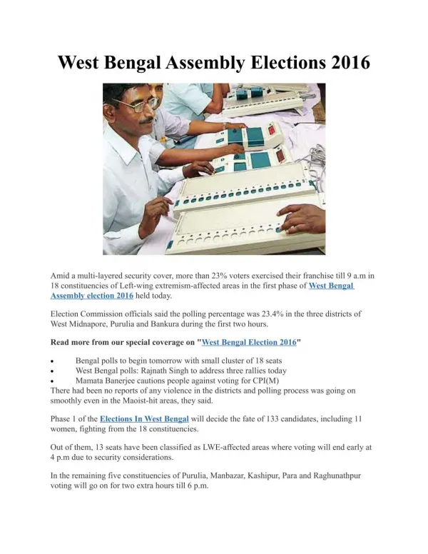 West Bengal Assembly Elections 2016