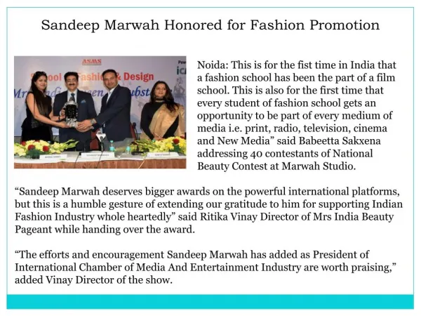 Sandeep Marwah Honored for Fashion Promotion