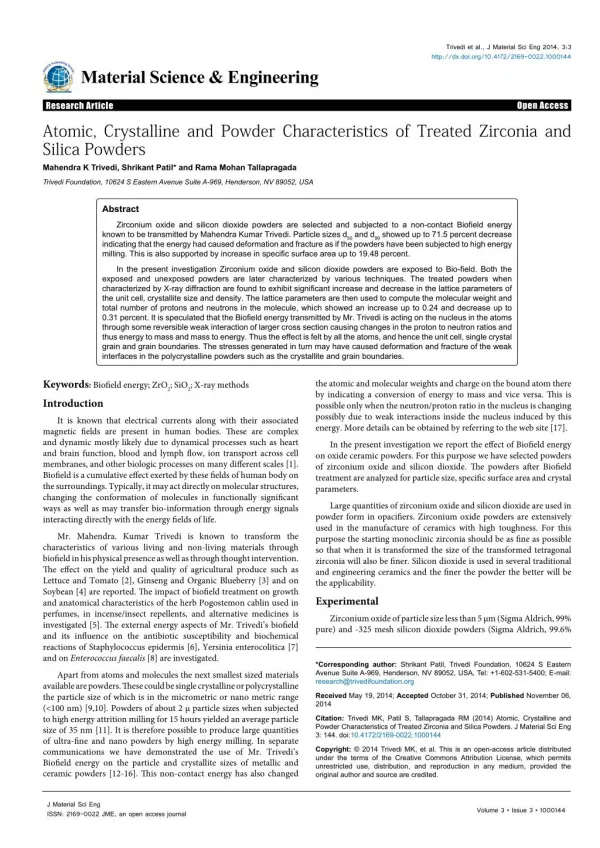 Atomic, Crystalline and Powder Characteristics of Treated Zirconia and Silica Powders