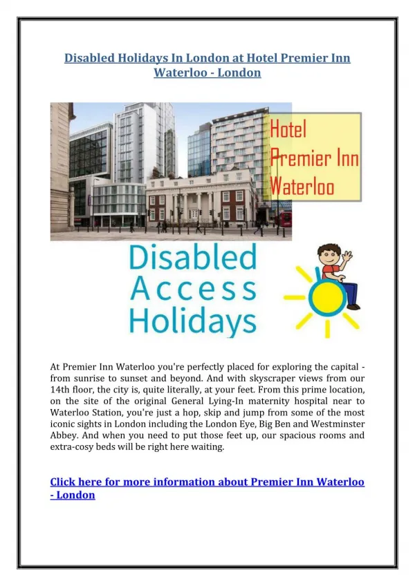 Disabled Holidays In London at Hotel Premier Inn Waterloo - London