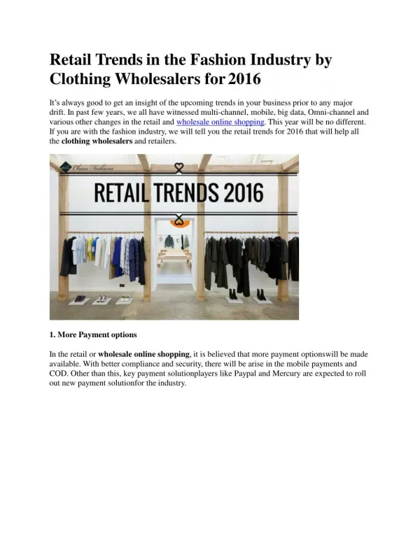 Retail Trends in the Fashion Industry by Clothing Wholesalers for 2016