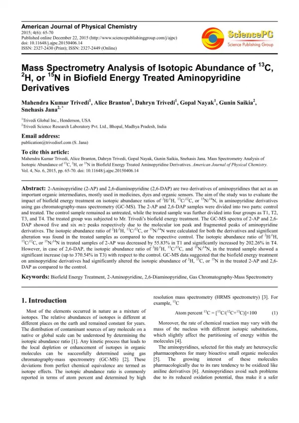 Mass Spectrometry Analysis of Isotopic Abundance of 13 C, 2 H, or 15 N in Biofield Energy Treated Aminopyridine Derivati