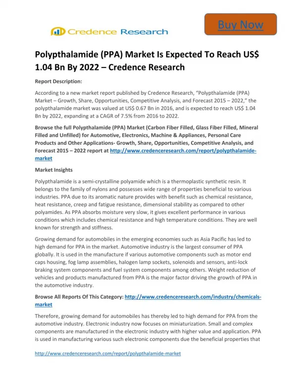 Global Polypthalamide Market to 2022 Growth Trends and Forecast,by Credence Research