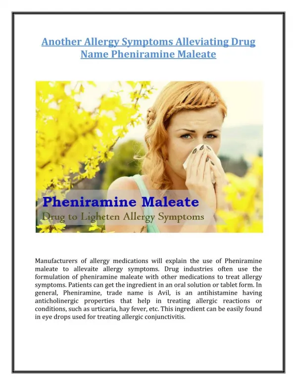 Another Allergy Symptoms Alleviating Drug Name Pheniramine Maleate