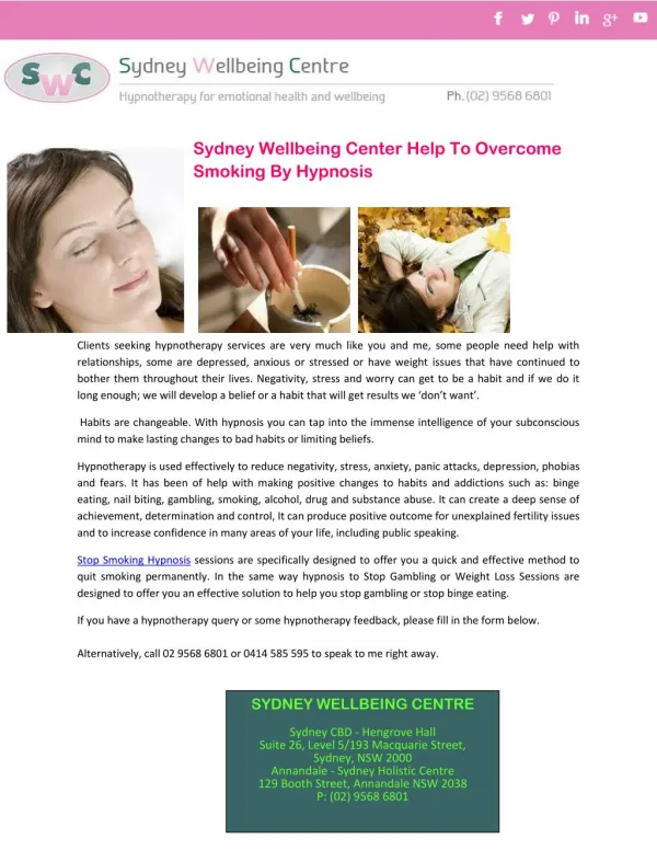 Sydney Wellbeing Center Help To Overcome Smoking By Hypnosis