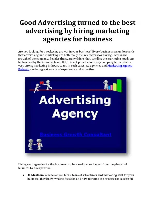 Good Advertising turned to the best advertising by hiring marketing agencies for business