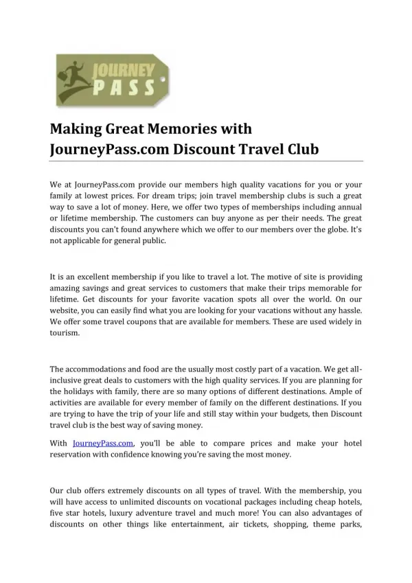 Making Great Memories with JourneyPass.com Discount Travel Club