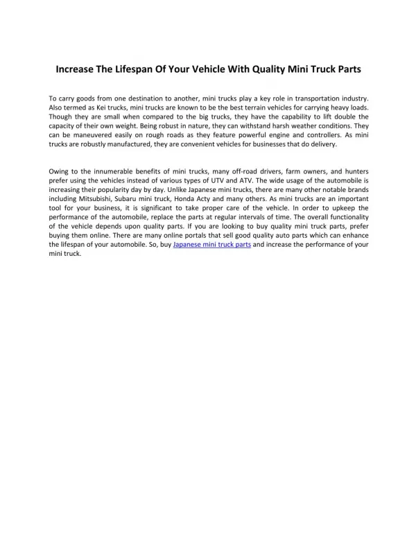 Increase The Lifespan Of Your Vehicle With Quality Mini Truck Parts