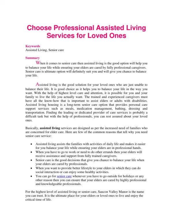 Choose Professional Assisted Living Services for Loved Ones