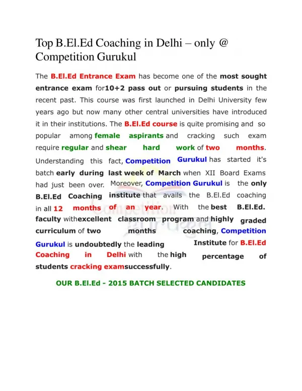 Top B.El.Ed Coaching in Delhi – only @ Competition Gurukul