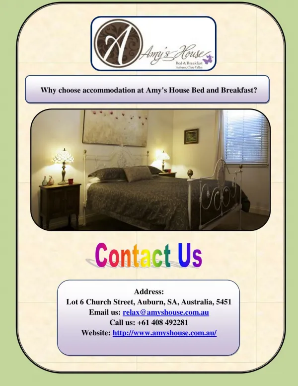 Why choose accommodation at Amy's House Bed and Breakfast? Address: Lot 6 Church Street, Auburn, SA, Australia, 5451 Ema