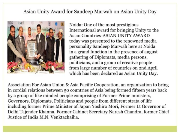 Asian Unity Award for Sandeep Marwah on Asian Unity Day
