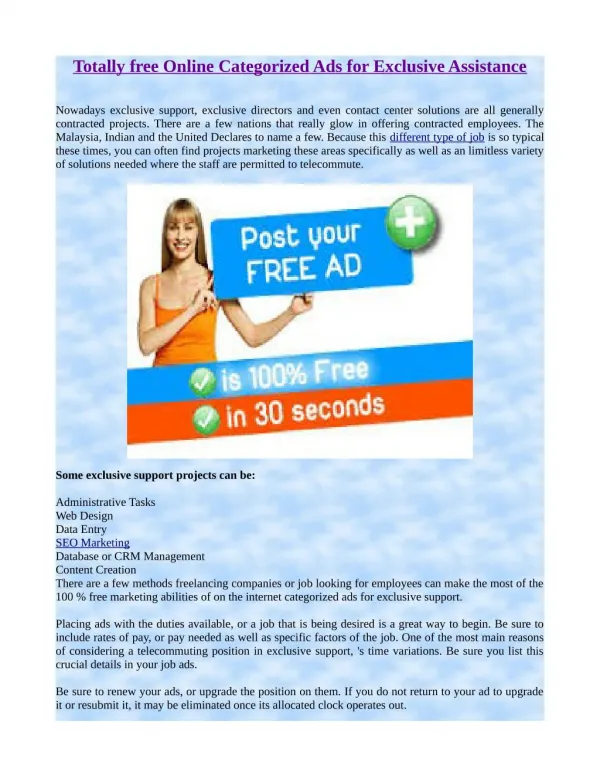 Totally free Online Categorized Ads for Exclusive Assistance