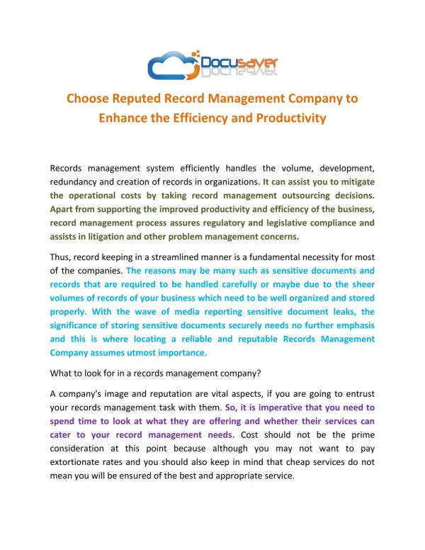 Choose Reputed Record Management Company to Enhance the Efficiency and Productivity